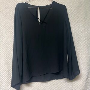 Lush Sheer Blouse Long Bell Sleeves V Neck with Criss Cross Design Black MED